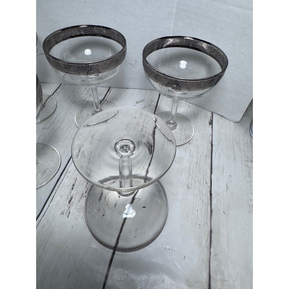VTG Silver Encrusted Rim Champagne Coupe Glasses Set of 5 Textured Mid Century